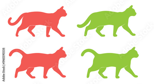 Four stylized cat silhouettes in red and green arranged in a grid