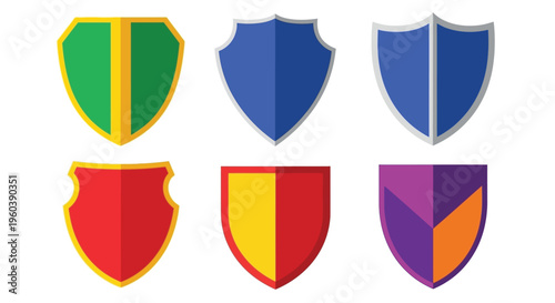 Collection of colorful stylized shields in various shapes and designs