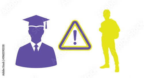 A graduate and student stand near a yellow warning sign with an exclamation mark