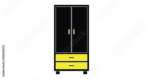 Simple illustration of a black wardrobe with yellow drawer accents