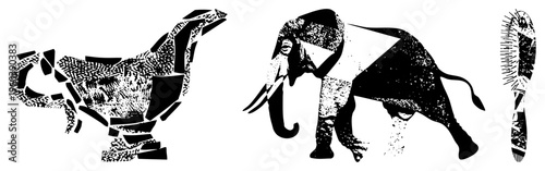 Vector art of fragmented animals using halftone and bold shapes, isolated graphic design, modern minimalist style, ideal for branding or print.