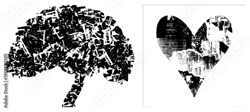 Typography art depicting brain and heart as collage of broken letters, black and white vector design, conceptual symbol of emotion and cognition, isolated graphic elements.
