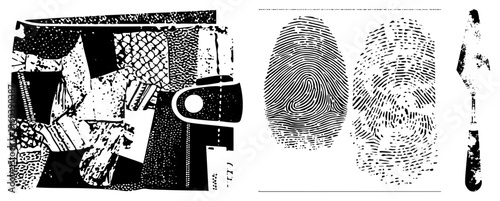 Fragmented graphic design with textured, fingerprint ridges, and stylized knife silhouette, vector art, forensic inspired abstract composition.