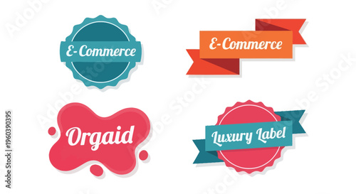 Four colorful e commerce and promotional label design elements on white