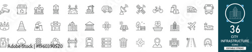 City infrastructure line icon set with 36 icons city, infrastructure, urban, architecture, transport, utility, public, building. Clean linear vector, editable stroke for planning projects.