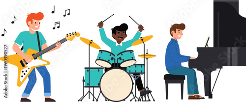 Color illustration showing animated musicians performing with electric guitar, drum set, and grand piano, representing teamwork, live band performance, rhythm, and musical collaboration artwork