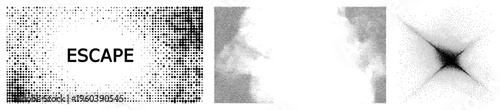Black and white halftone texture forming abstract gradients, typographic word "ESCAPE," graphic design element, visual noise, poster background, retro print aesthetic.