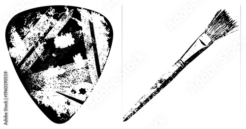 Guitar pick covered in paint splatters, artistic brushstroke, musician tool, creative instrument accessory, black and white halftone graphic, musician gear, studio prop.