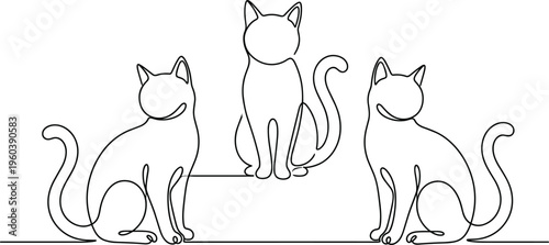 Three minimalist cats sitting in a row drawn with one continuous line art style on white background,