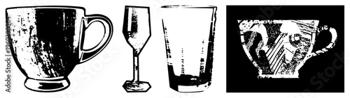 Retro styled drinkware set with halftone texture, including mug, wine glass, and tall glass, stylized vector illustration, isolated foreground elements.