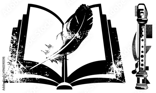 Vintage book with quill pen, parchment pages, classical recorder, inkwell, literary, scholarly study, academic symbol.