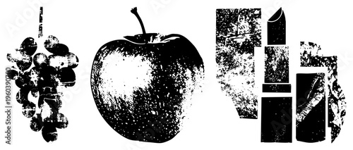 Black and white halftone graphic of grapes,, and lipstick, isolated vector, stylized food and beauty items, dotted texture design.