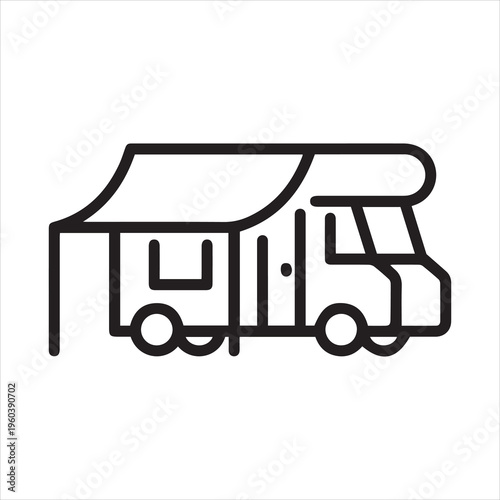 Motorhome with tent, linear icon. Line with editable stroke