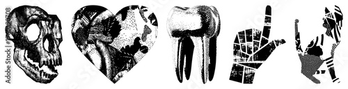 Vector halftone illustrations of skull, heart, molar, rock hand, and cat,, stylized, graphic design elements, isolated symbols.