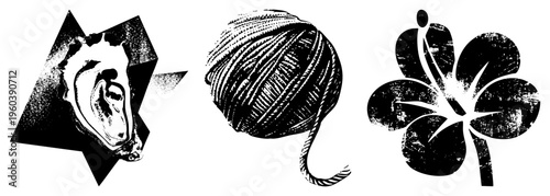 Stylized vector oyster in geometric frame, textured yarn ball, and stylized flower with grunge effect. Flat design with halftone texture and isolated elements.