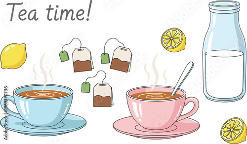 Colorful vector illustration of tea time scene with steaming cups, tea bags, lemon slices, milk bottle, and playful text design for beverage and lifestyle concepts