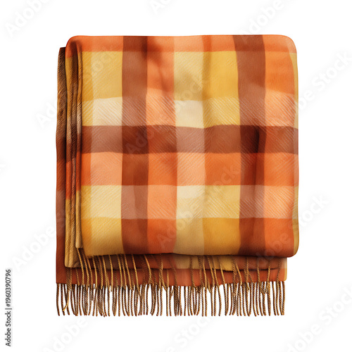 A folded orange and yellow plaid blanket with fringe