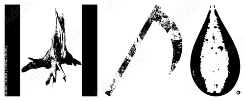 Stylized symbolic tree stump,, water droplet, rendered in gritty black and white, vector glyphs with distressed texture, minimalist design for branding or typography.