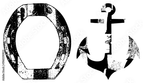 Nautical symbols including weathered anchor and ship wheel, maritime, vintage sea, black and white graphic design elements.