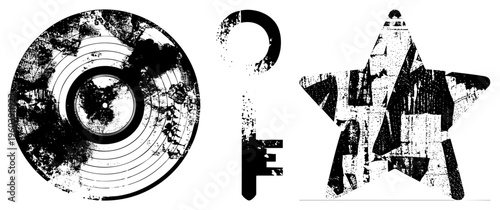 Vintage record with grooves, rusty key, star shaped emblem, distressed design, retro graphic elements, abstract shapes.