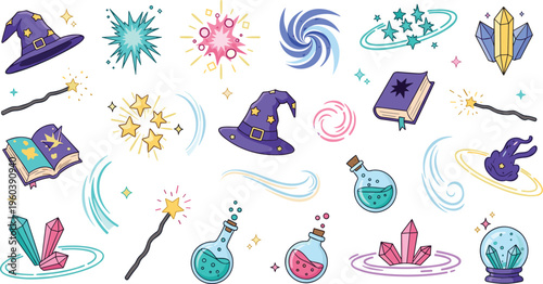 Magic wizardry vector elements set with wizard hat magic wand potions spell book crystals and mystical sparkles