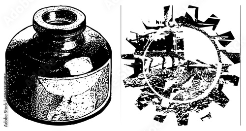 Classic glass inkwell with textured halftone shading, paired with fragmented gear design, vector illustration, isolated elements, stylized mechanical art.