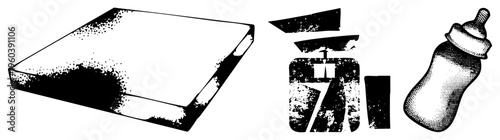 Retro styled halftone graphic featuring a book, typewriter, and baby bottle, classic print, design, nostalgic vector art.