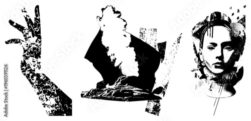 Black and white vector art fragmented hand, stylized animal, expressive face. Halftone textures, sharp geometry. Gritty, graphic cutout style.