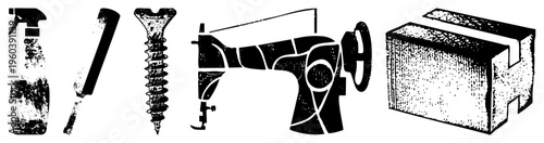 Spray bottle, chisel, screw, sewing machine, foam block classic tools and items rendered in gritty vector art,, industrial aesthetic, isolated foreground elements.