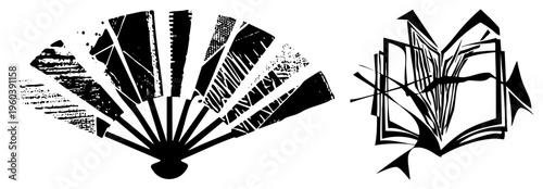 Stylized fan and book rendered in bold black halftone, graphic design elements, modern vector art, abstract composition.