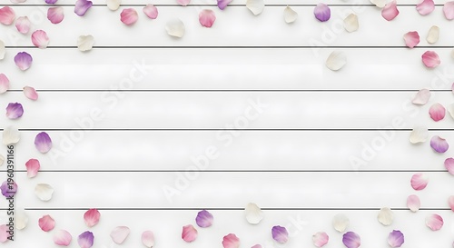 Romantic rose petals frame on white wooden background, delicate floral border on rustic wood planks, elegant wedding invitation copy space