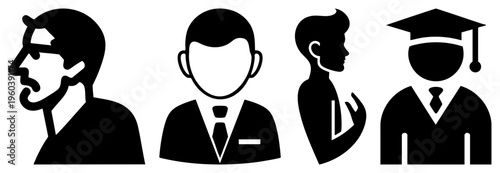 Businessman, graduate, speaker, and bearded man, minimalist vector silhouettes, professional personas, flat design symbols.