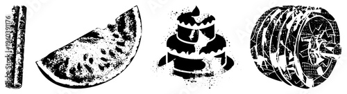Vector illustrations of cinnamon stick, watermelon slice, layered cake, and weight plate with halftone texture, isolated food and gym symbols for design use.