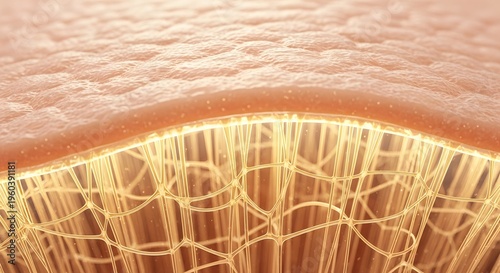 A microscopic view of human skin layers showing the network of collagen fibers beneath the surface