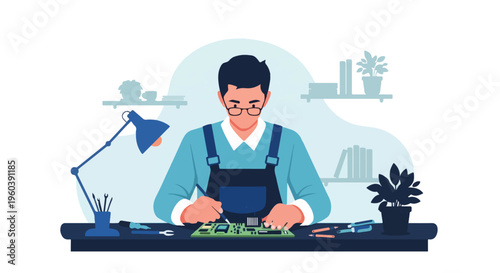 Technician Repairing Motherboard IC with Soldering Iron Electronics Repair Vector Illustration