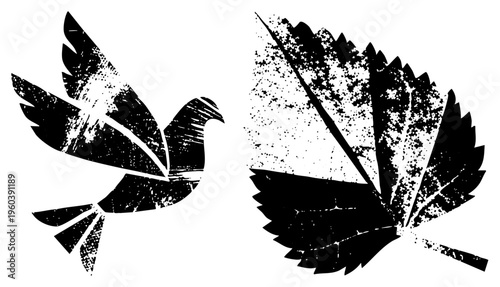 Stylized in flight and leaf with serrated edges, both rendered in high contrast black and white with distressed texture, suitable for eco or peace themed designs.