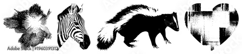 Black and white vector animals zebra head, skunk, abstract explosion, heart shaped halftone. Retro engraving style, graphic design elements.