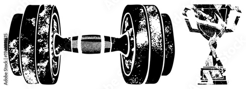 Weightlifting dumbbell and victory trophy, gym, strength training, athletic success, fitness goals, workout motivation, exercise equipment.