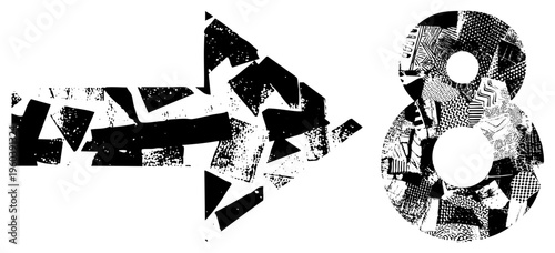 Stylized black arrow and numeral eight composed of fragmented shapes and halftone textures, graphic design elements, vector art, composition, modern minimalism.