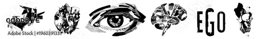 Graphic eye with fragmented halftone texture, ego brain silhouette, goodbye text art, psychological symbols, stylized typography, vector design.