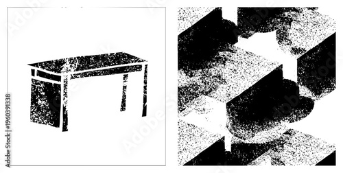 Isometric table rendered in halftone dot, minimalist furniture design, graphic vector art, black and white composition, geometric shapes, modern abstract illustration.