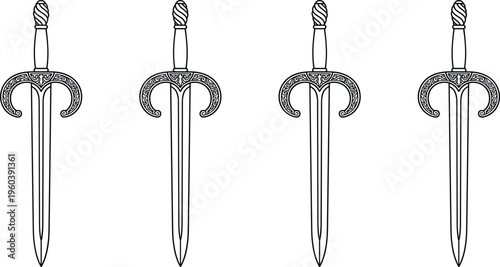 Vector illustration featuring a set of four identical black and white daggers with ornate curved guards and twisted pommels.