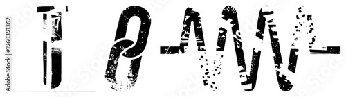 Bold black letters with weathered, gritty texture, splattered ink effects, vintage typography, graphic design element, isolated text characters.