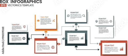 Business process box infographic template vector with workflow steps data flow and corporate presentation elements for modern design