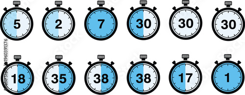 Vector illustration of stopwatch icons with bold numbers, blue shaded faces, and time measurement symbols representing countdown, timer, sports, fitness, and tracking concepts