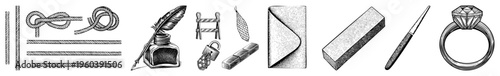 Feather quill pen, inkwell, padlock, diamond ring, pencil, envelope, rope knots classic symbols of communication, security, and elegance rendered in detailed art.