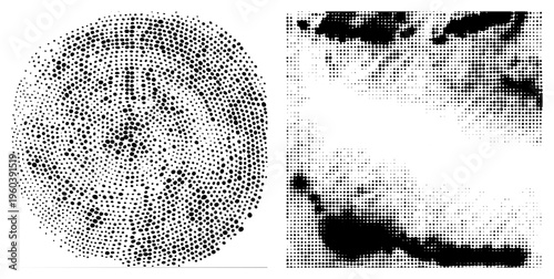 Vector halftone illustrations featuring circular gradients and abstract forms, composed of varying dot densities, ideal for graphic design or print applications.