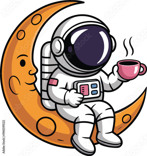 Cute Astronaut Sitting on Crescent Moon with Coffee