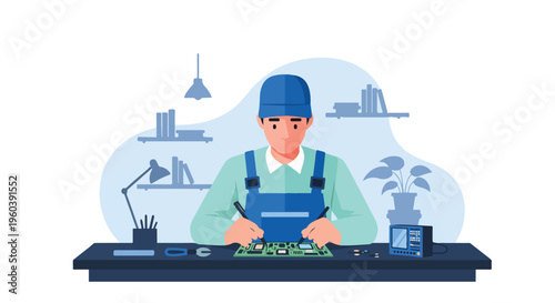 Technician Repairing Motherboard IC with Soldering Iron Electronics Repair Vector Illustration