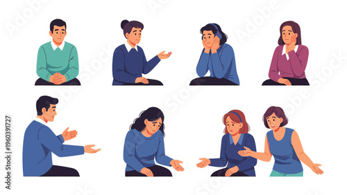 Vector illustrations of diverse people communicating, discussing, and listening. Set of characters for conversation, interaction, and dialogue.